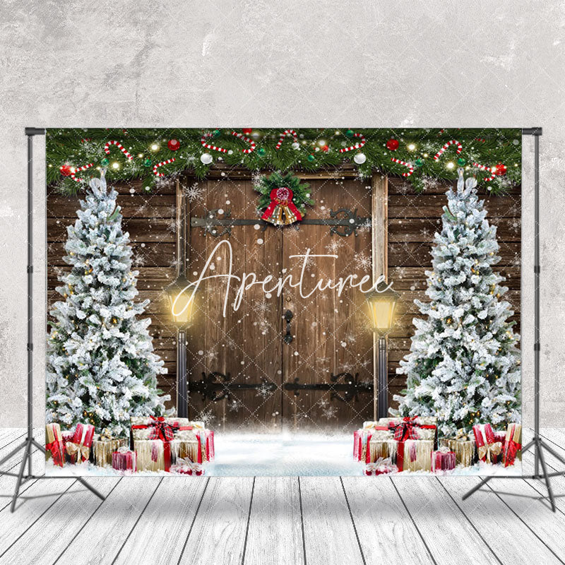 Aperturee - Aperturee Snowy Pine Tree Leaves Bell Wood Door Xmas Backdrop