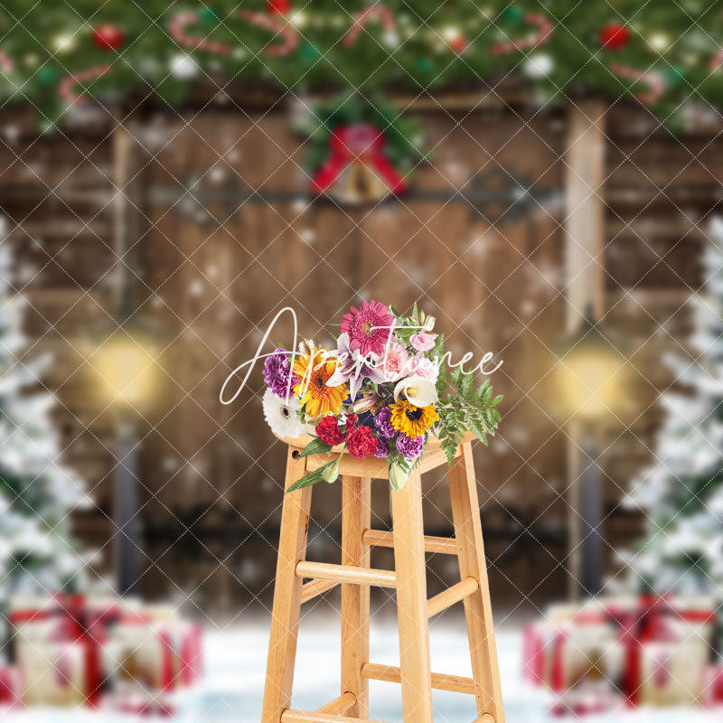 Aperturee - Aperturee Snowy Pine Tree Leaves Bell Wood Door Xmas Backdrop