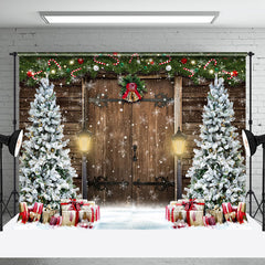 Aperturee - Aperturee Snowy Pine Tree Leaves Bell Wood Door Xmas Backdrop