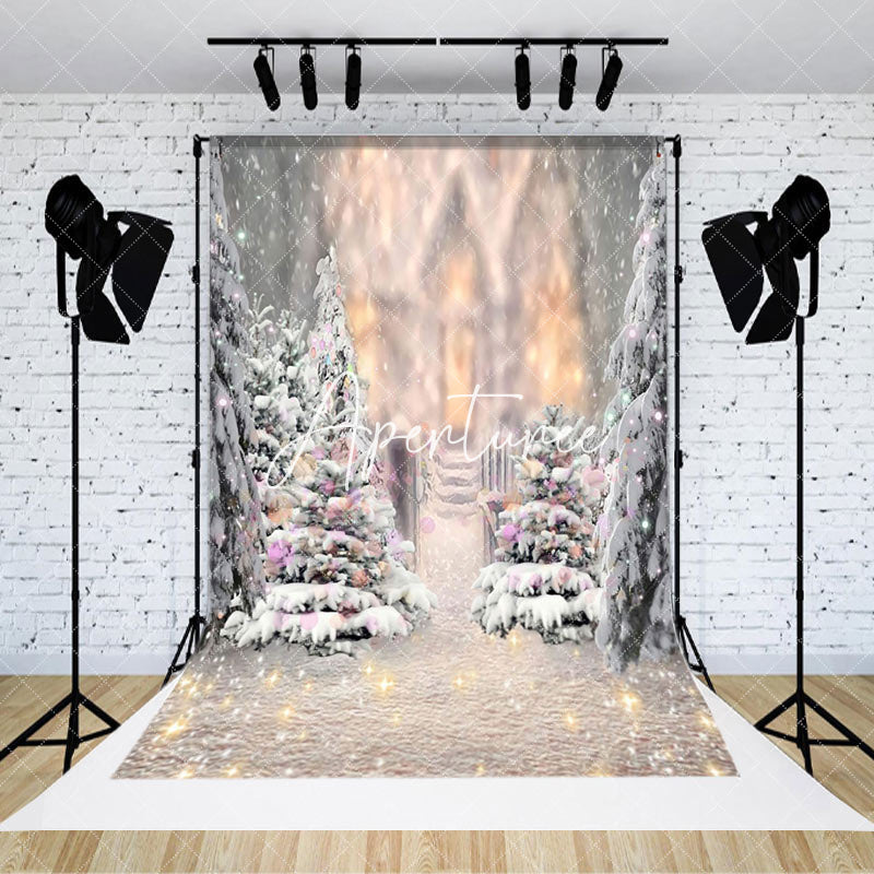 Aperturee - Aperturee Snowy Pine Tree Light Glitter Christmas Backdrop