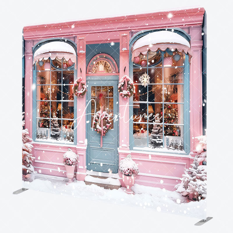 Aperturee - Aperturee Snowy Pink Blue House Winter Pillow Cover Backdrop