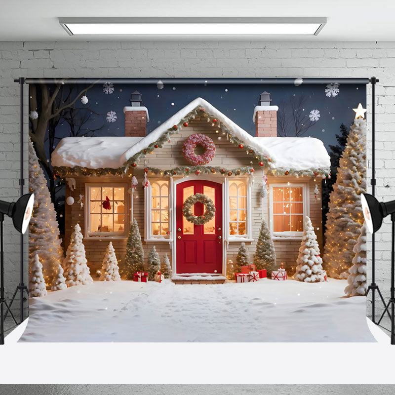 Aperturee - Aperturee Snowy Red Door Sweet House Tree Christmas Backdrop