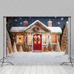 Aperturee - Aperturee Snowy Red Door Sweet House Tree Christmas Backdrop