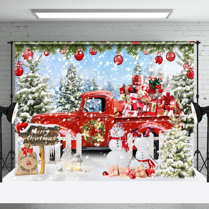 Aperturee - Aperturee Snowy Red Gifts Car Snowman Merry Christmas Backdrop