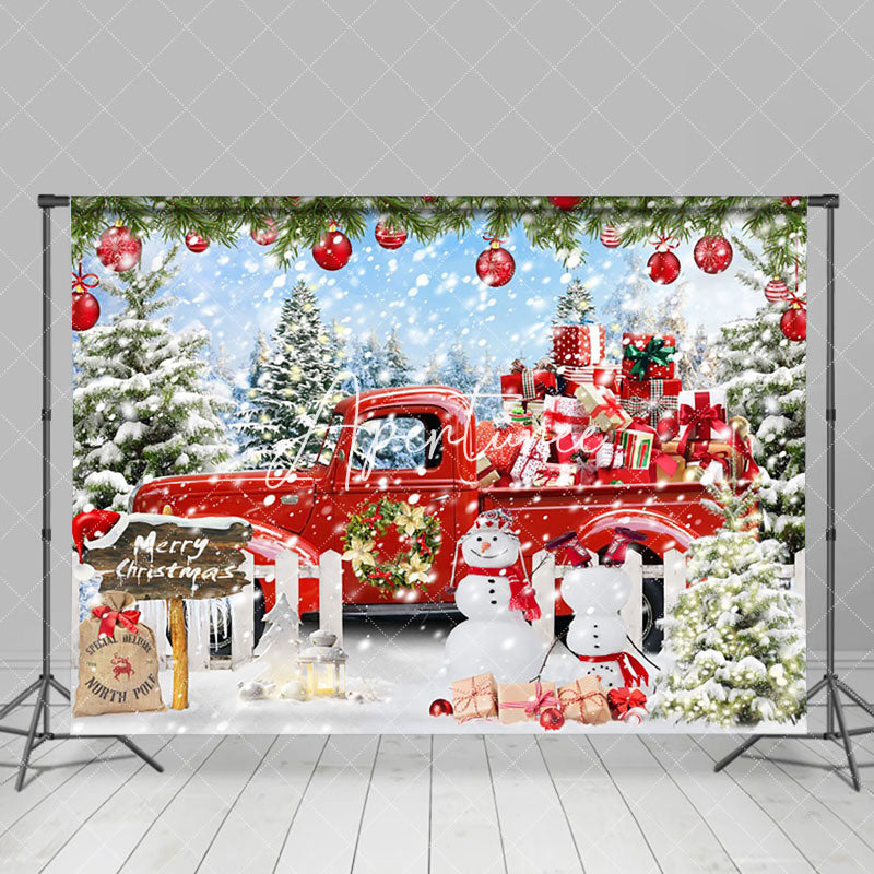 Aperturee - Aperturee Snowy Red Gifts Car Snowman Merry Christmas Backdrop