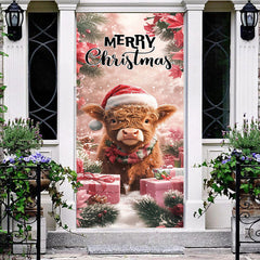 Aperturee - Aperturee Snowy Red Poinsettia Gifts Cow Christmas Door Cover