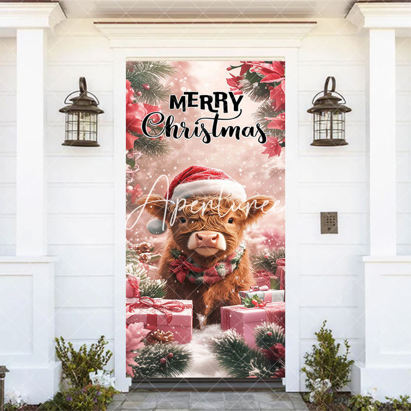 Aperturee - Aperturee Snowy Red Poinsettia Gifts Cow Christmas Door Cover