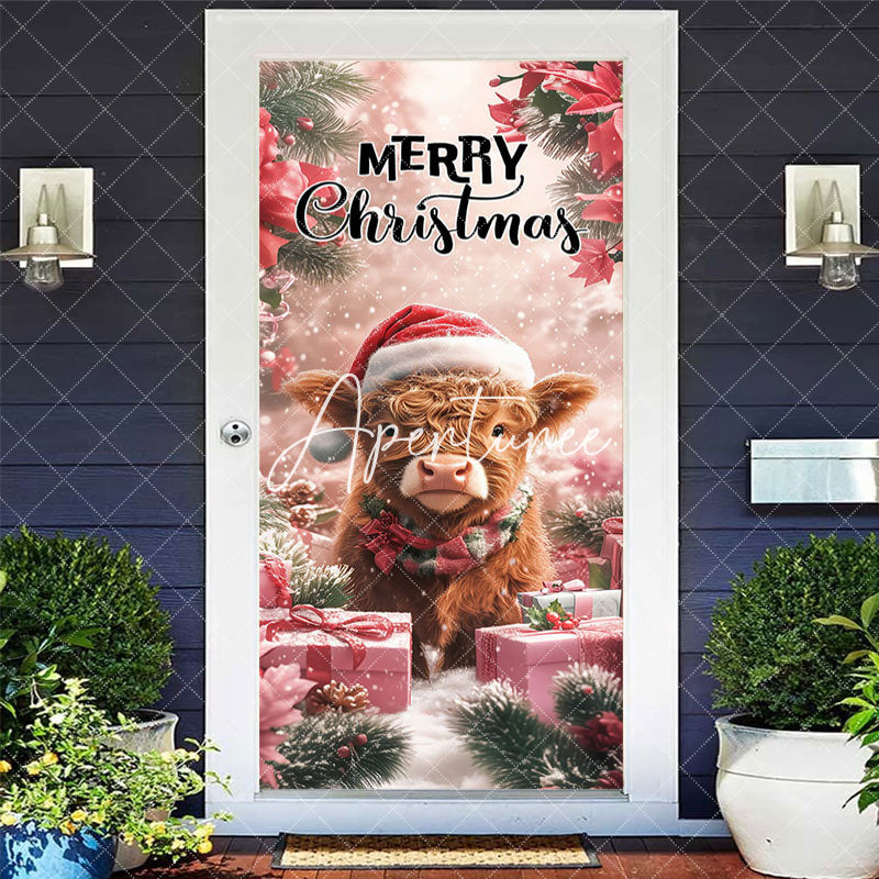 Aperturee - Aperturee Snowy Red Poinsettia Gifts Cow Christmas Door Cover