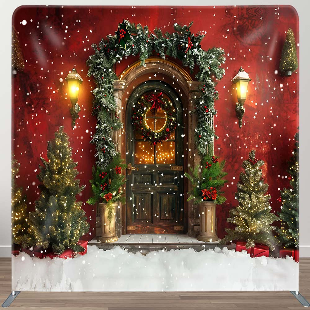 Aperturee - Aperturee Snowy Red Retro Wall Christmas Pillow Cover Backdrop