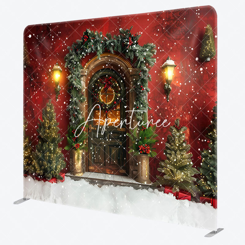 Aperturee - Aperturee Snowy Red Retro Wall Christmas Pillow Cover Backdrop