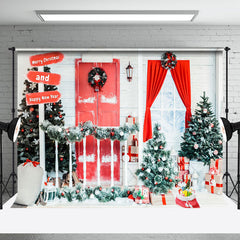 Aperturee - Aperturee Snowy Red White Door And Window Christmas Backdrop