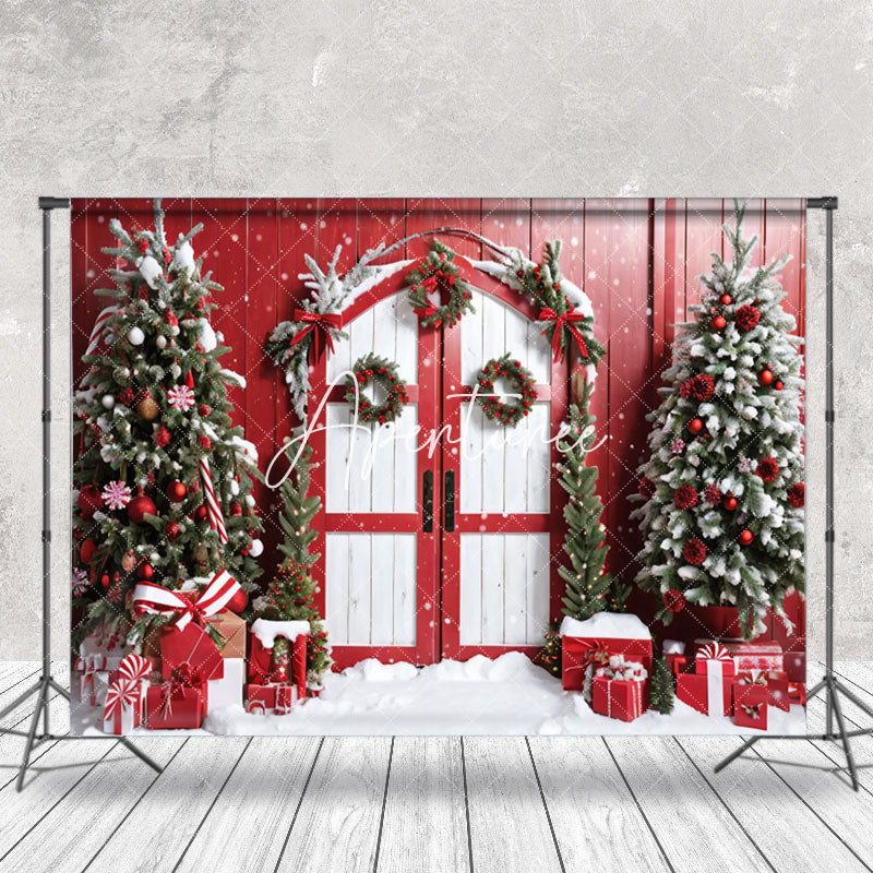 Aperturee - Aperturee Snowy Red Wood Barn Festive Door Christmas Backdrop