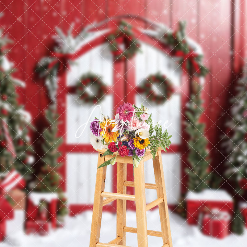 Aperturee - Aperturee Snowy Red Wood Barn Festive Door Christmas Backdrop