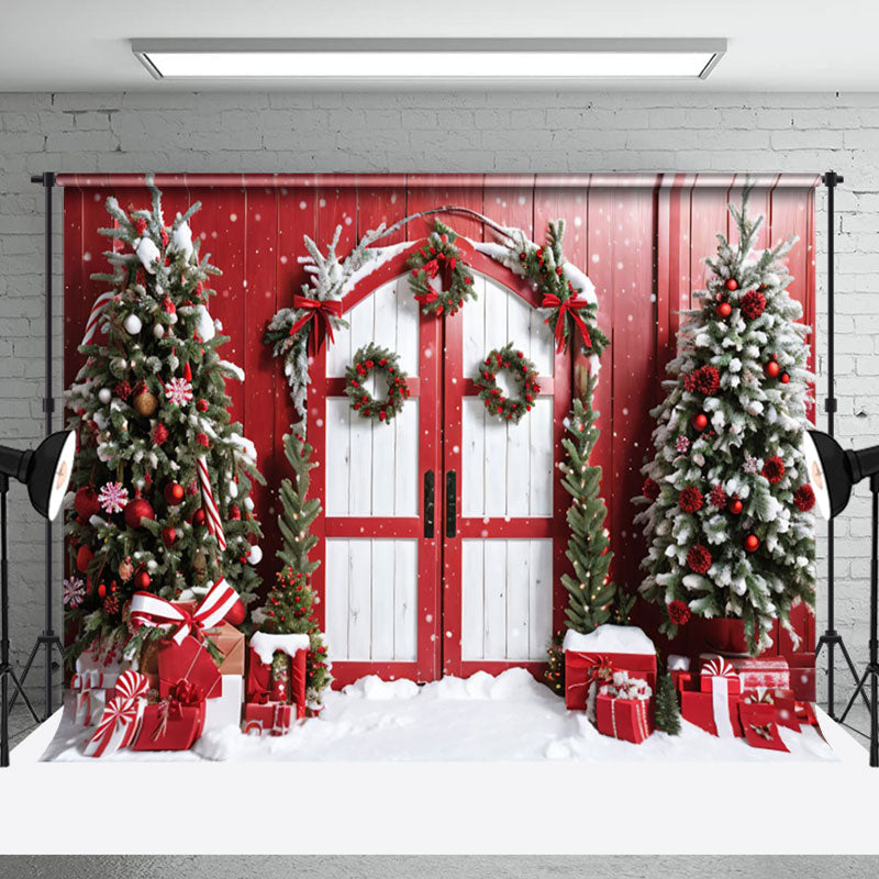 Aperturee - Aperturee Snowy Red Wood Barn Festive Door Christmas Backdrop