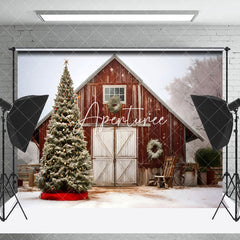 Aperturee - Aperturee Snowy Retro Barn Xmas Trees Christmas Vibe Backdrop