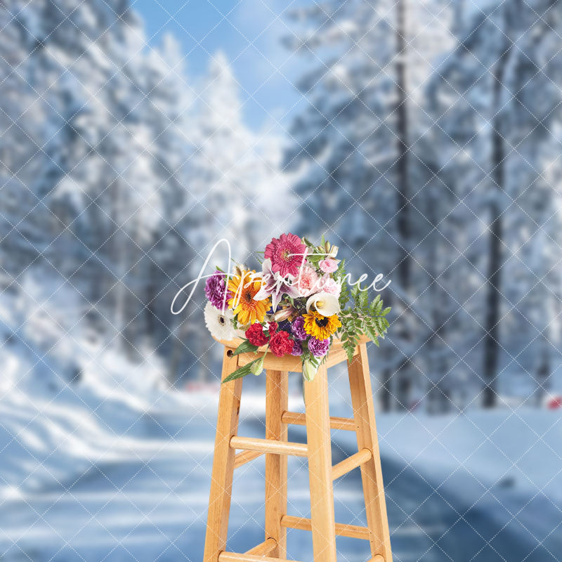 Aperturee - Aperturee Snowy Road Forest Winter Wonderful Scenery Backdrop