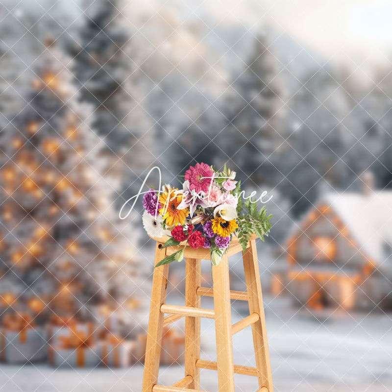 Aperturee - Aperturee Snowy Rural House Forest Trees Christmas Backdrop