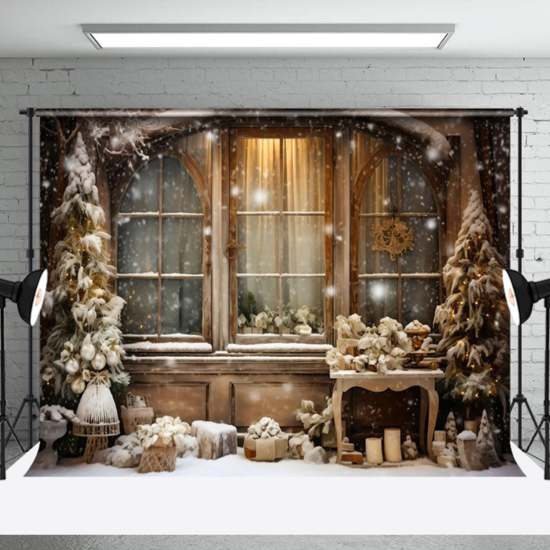 Aperturee - Aperturee Snowy Showcase Window Curtain Christmas Tree Backdrop