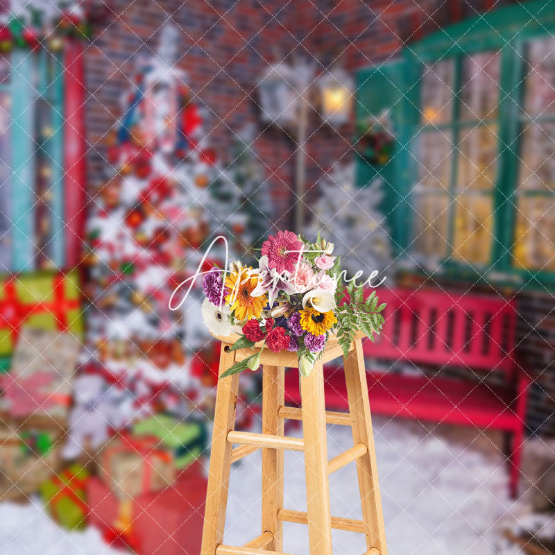 Aperturee - Aperturee Snowy Street Corner Bench Christmas Vibe Backdrop