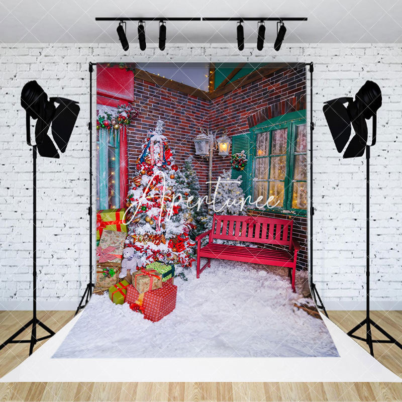 Aperturee - Aperturee Snowy Street Corner Bench Christmas Vibe Backdrop