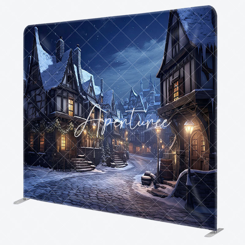 Aperturee - Aperturee Snowy Town Night Scenery Christmas Pillow Case Backdrop