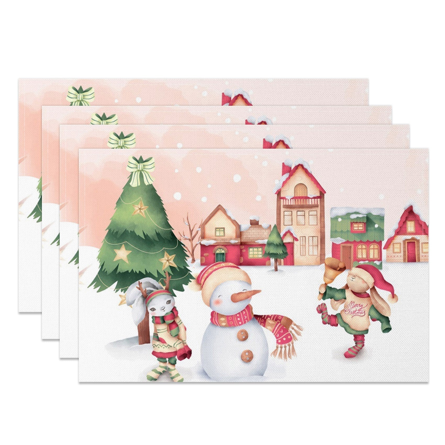 Aperturee - Aperturee Snowy Town Snowman Bunny Christmas Set Of 4 Placemats