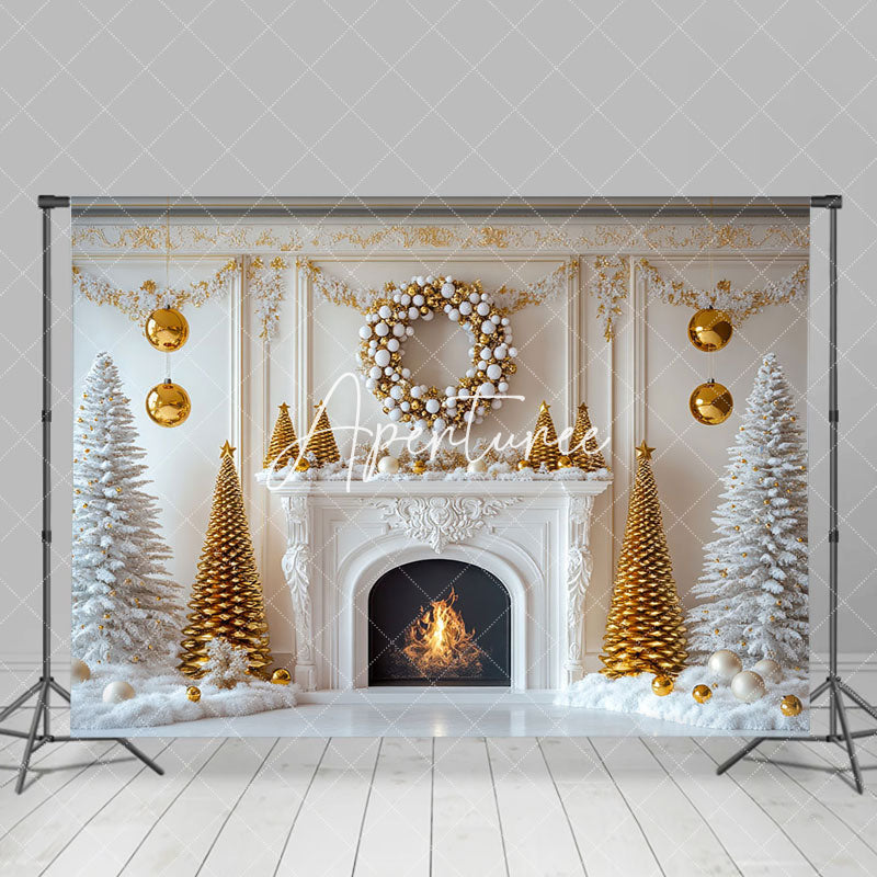 Aperturee - Aperturee Snowy Tree Cozy Fireplace Warm Christmas Backdrop