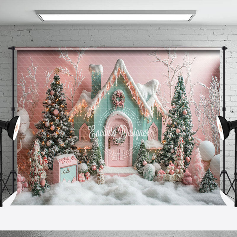 Aperturee - Aperturee Snowy Trees Candy Holiday Winter Christmas Backdrop