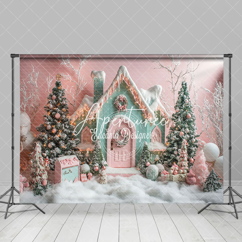 Aperturee - Aperturee Snowy Trees Candy Holiday Winter Christmas Backdrop