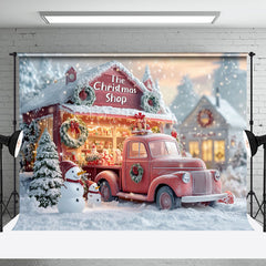 Aperturee - Aperturee Snowy Trees Christmas Shop Truck Snowman Backdrop