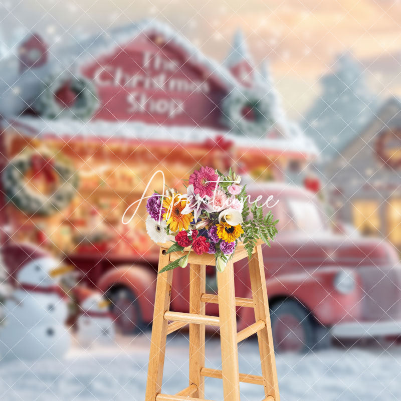 Aperturee - Aperturee Snowy Trees Christmas Shop Truck Snowman Backdrop