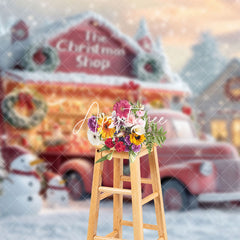 Aperturee - Aperturee Snowy Trees Christmas Shop Truck Snowman Backdrop