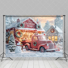 Aperturee - Aperturee Snowy Trees Christmas Shop Truck Snowman Backdrop