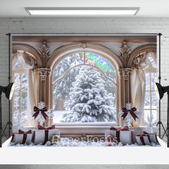 Aperturee - Aperturee Snowy Trees Window Scene Gifts Christmas Backdrop