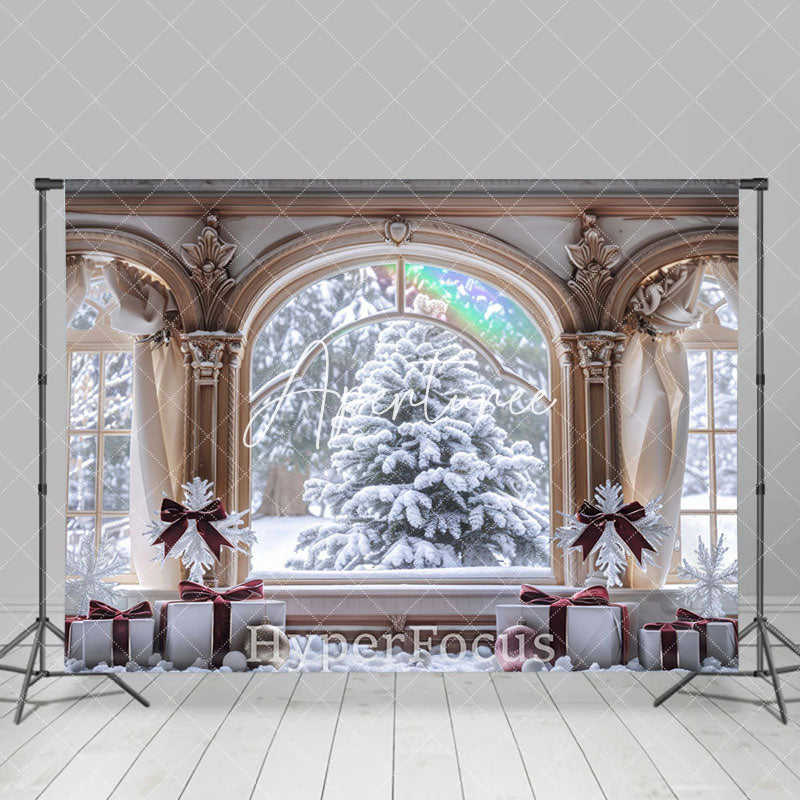 Aperturee - Aperturee Snowy Trees Window Scene Gifts Christmas Backdrop