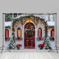 Aperturee - Aperturee Snowy White House Red Door Christmas Vibe Backdrop