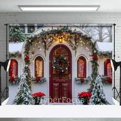 Aperturee - Aperturee Snowy White House Red Door Christmas Vibe Backdrop