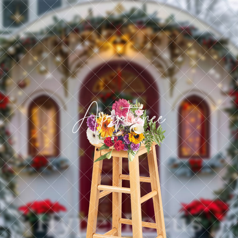 Aperturee - Aperturee Snowy White House Red Door Christmas Vibe Backdrop