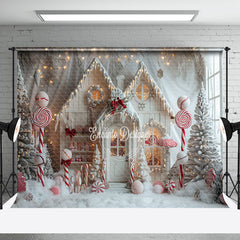 Aperturee - Aperturee Snowy White House Trees Candy Christmas Backdrop