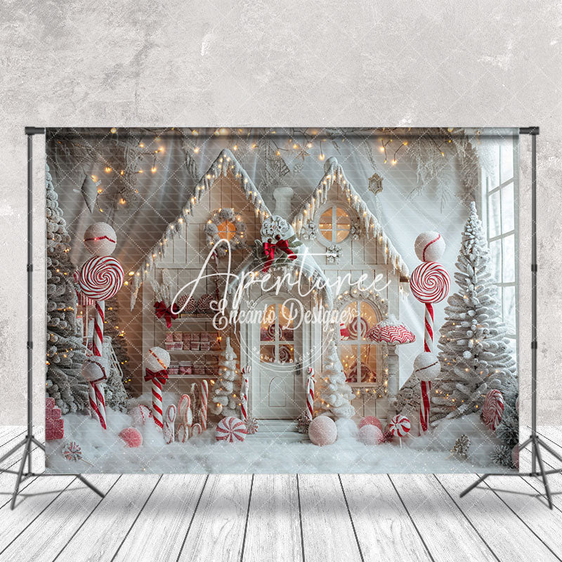 Aperturee - Aperturee Snowy White House Trees Candy Christmas Backdrop