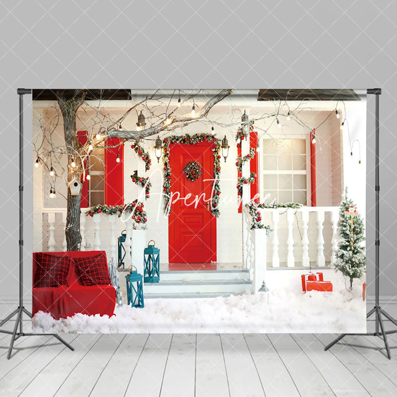 Aperturee - Aperturee Snowy White Red Porch Festive Christmas Backdrop