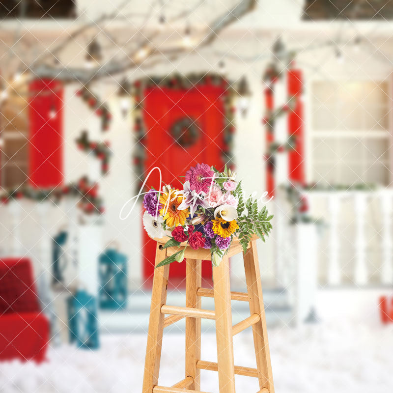 Aperturee - Aperturee Snowy White Red Porch Festive Christmas Backdrop