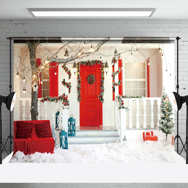 Aperturee - Aperturee Snowy White Red Porch Festive Christmas Backdrop