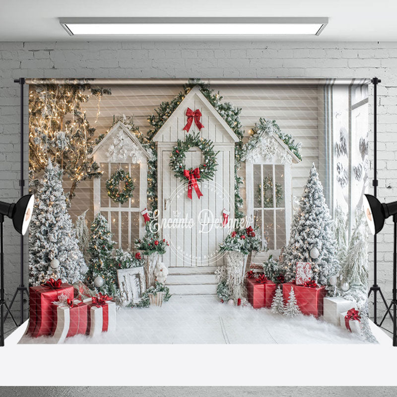 Aperturee - Aperturee Snowy White Trees House Gifts Christmas Backdrop