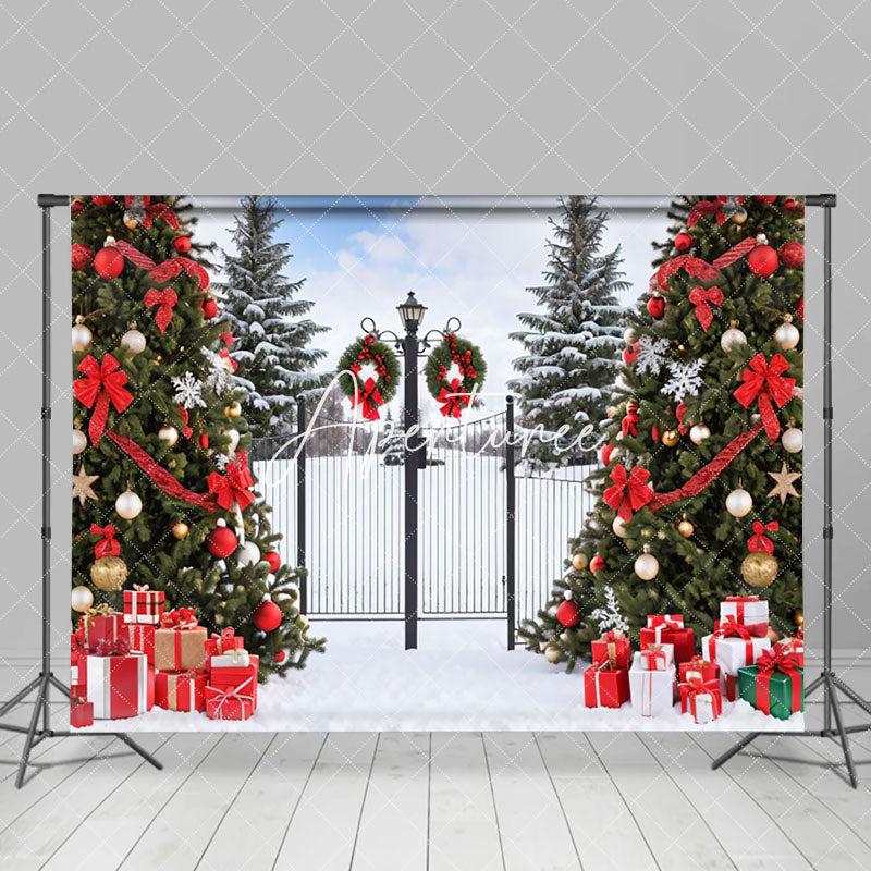 Aperturee - Aperturee Snowy Wild Field Gate Trees Gift Christmas Backdrop