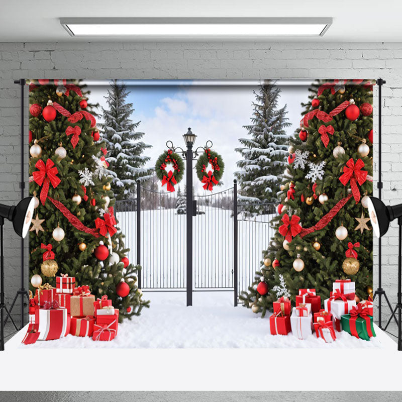 Aperturee - Aperturee Snowy Wild Field Gate Trees Gift Christmas Backdrop