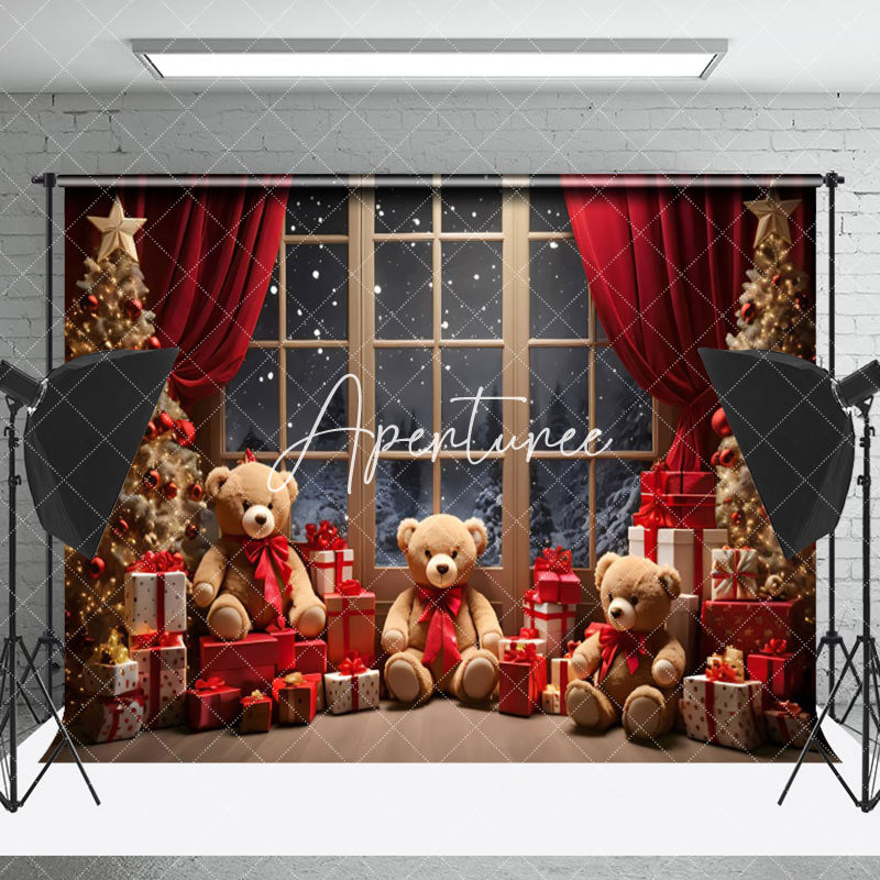 Aperturee - Aperturee Snowy Window Scene Bears Merry Christmas Backdrop