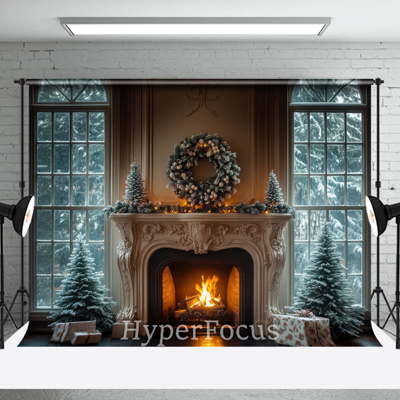 Aperturee - Aperturee Snowy Window Trees Fireplace Gift Christmas Backdrop