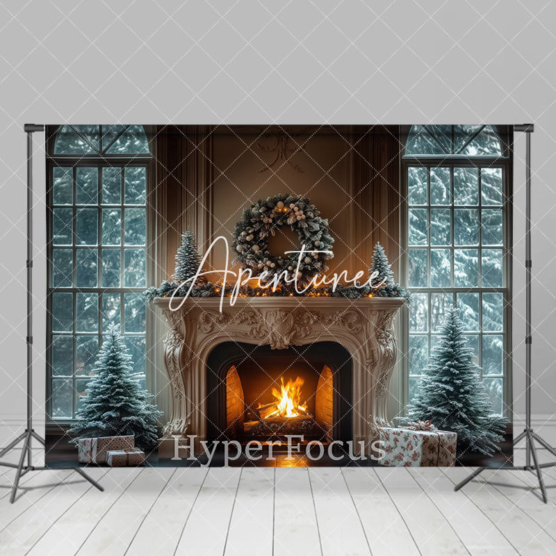 Aperturee - Aperturee Snowy Window Trees Fireplace Gift Christmas Backdrop