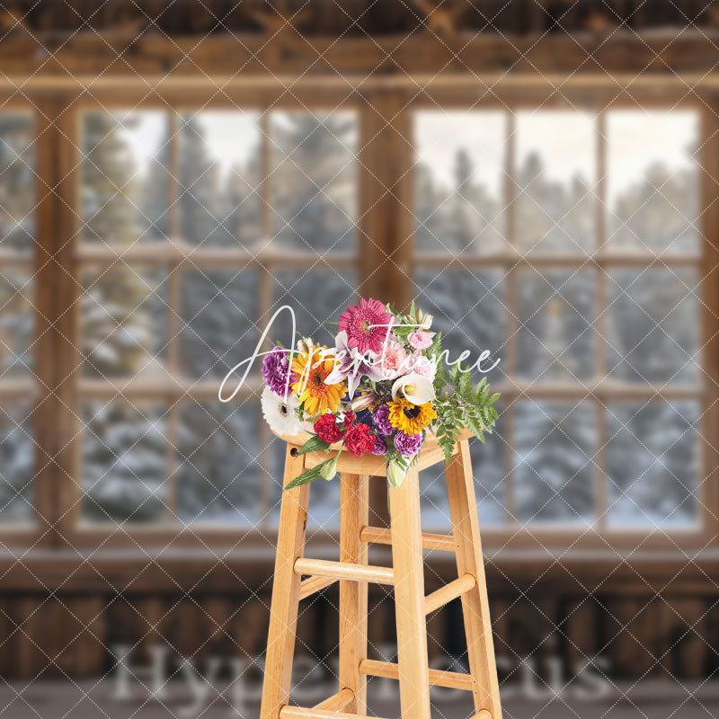 Aperturee - Aperturee Snowy Winter Forest Wooden Window Scene Backdrop